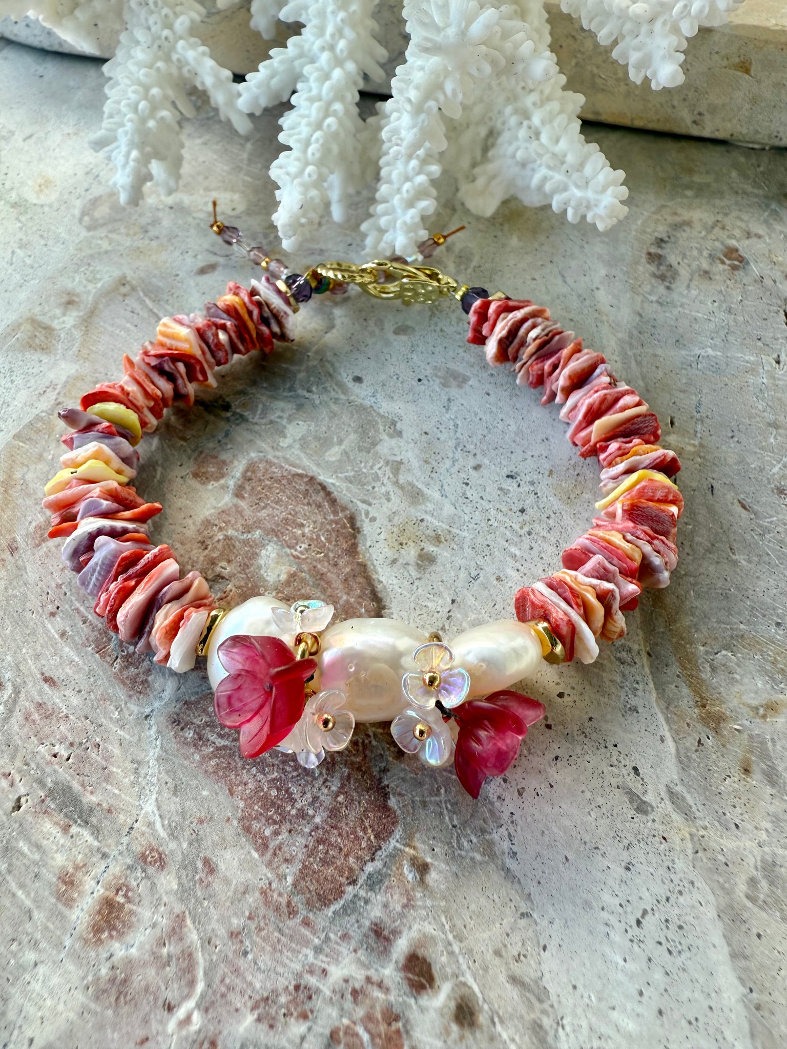 Pink Flower Shell Pearl Bracelet