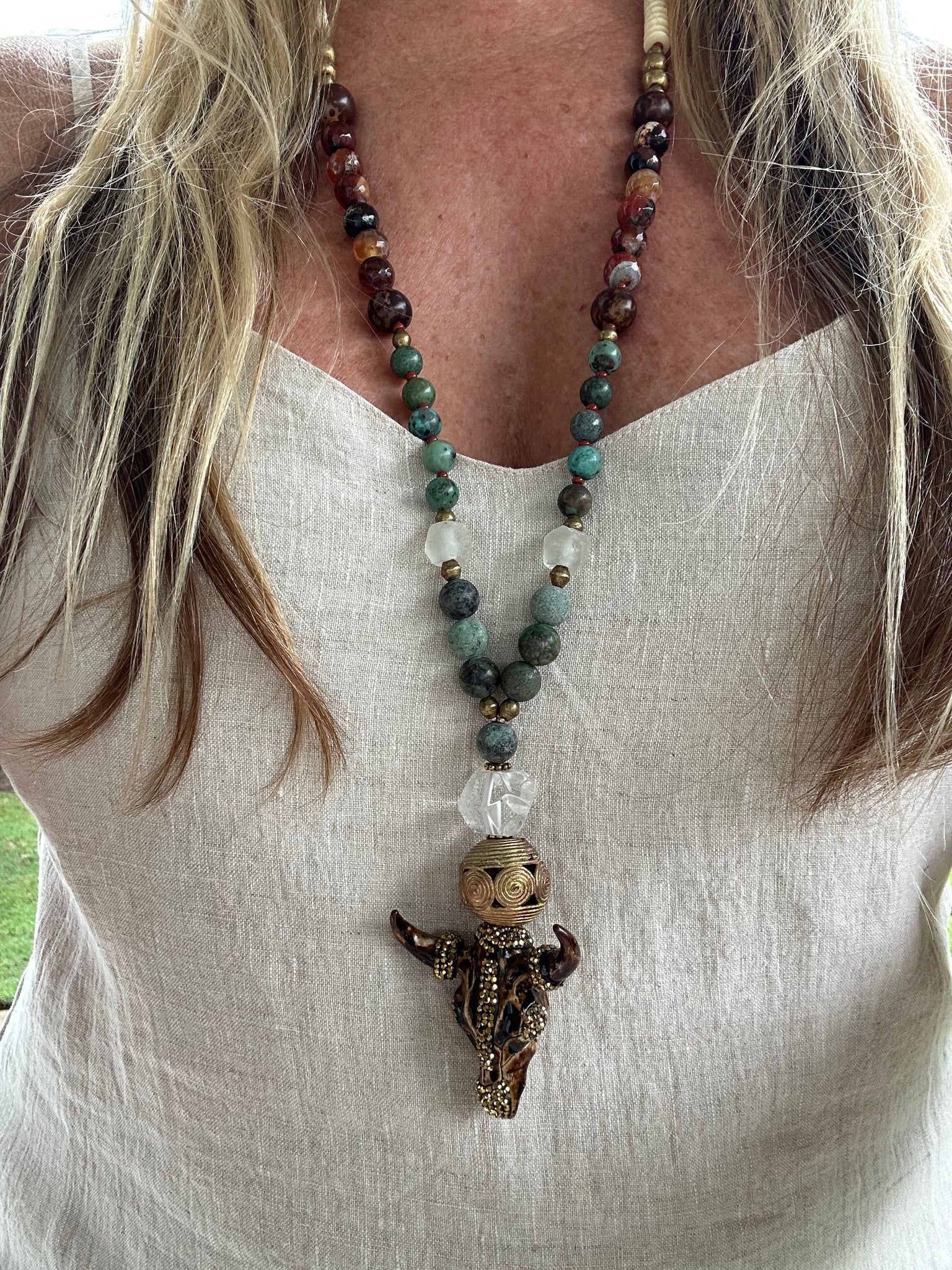 Boho African Sacred Cow Turquoise Necklace