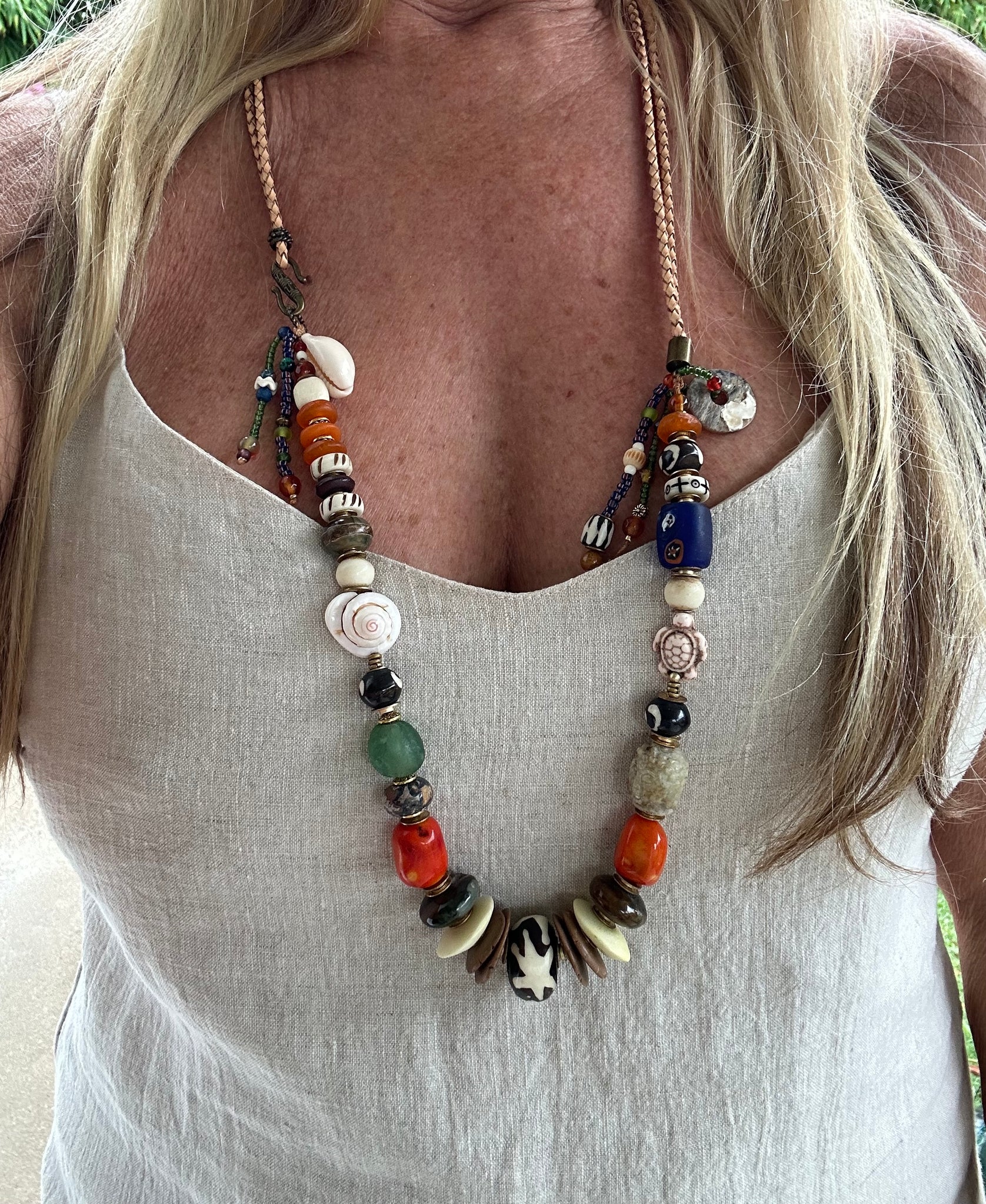 Bohemian Leather Beaded Shell Necklace