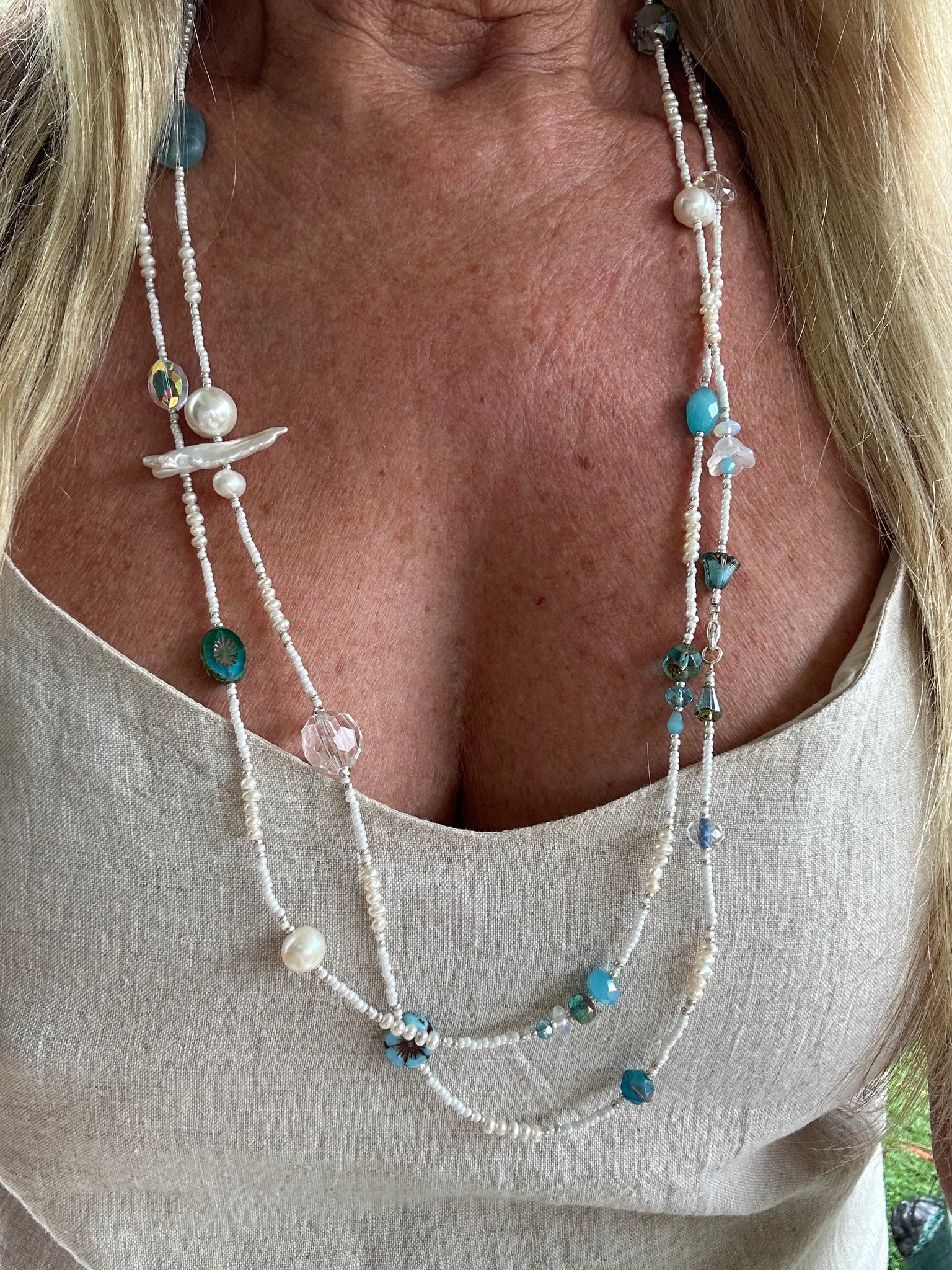 Blue Crystal Pearl Beaded Necklace