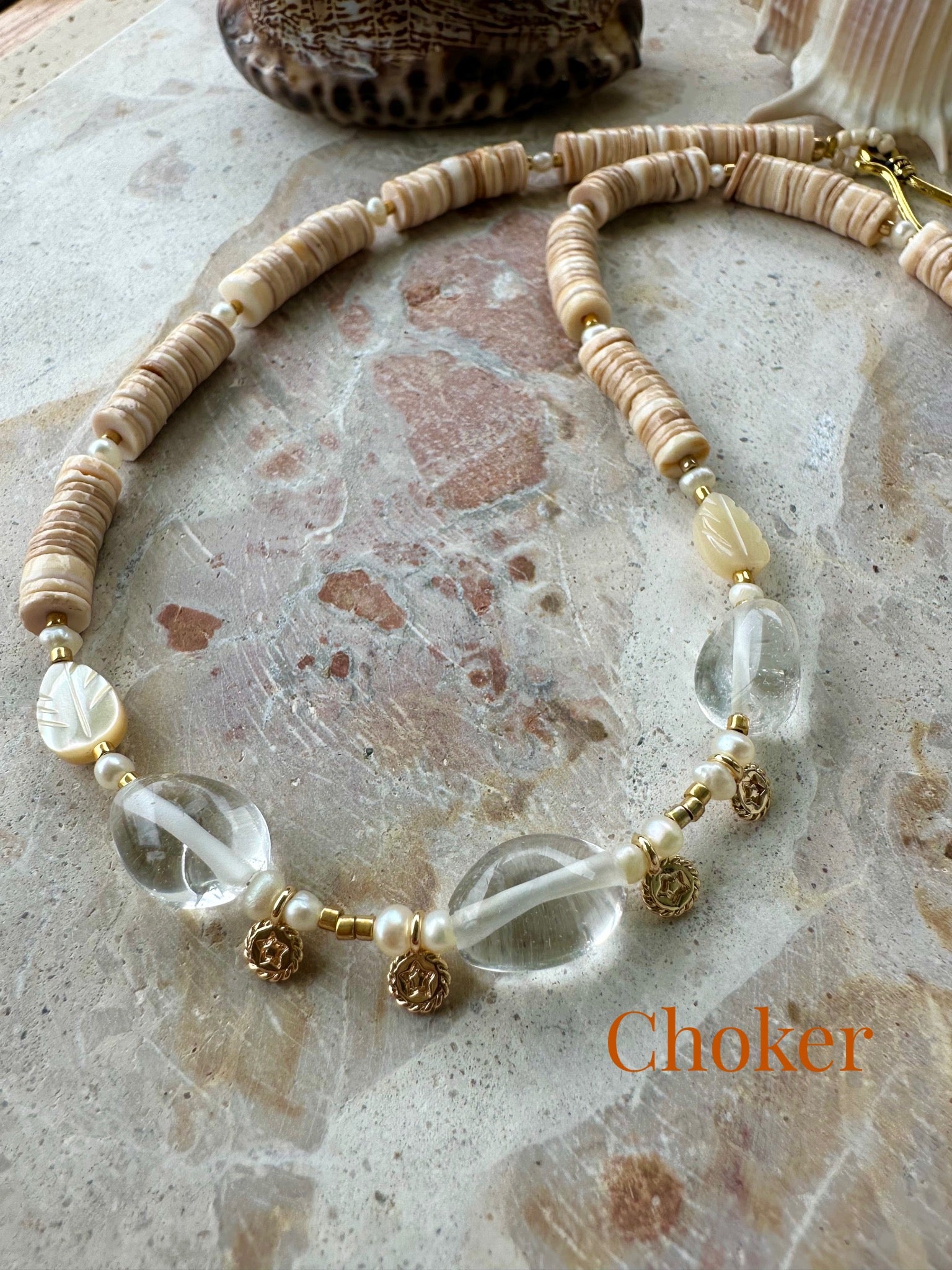Quartz Crystal Shell Beaded Choker Necklace