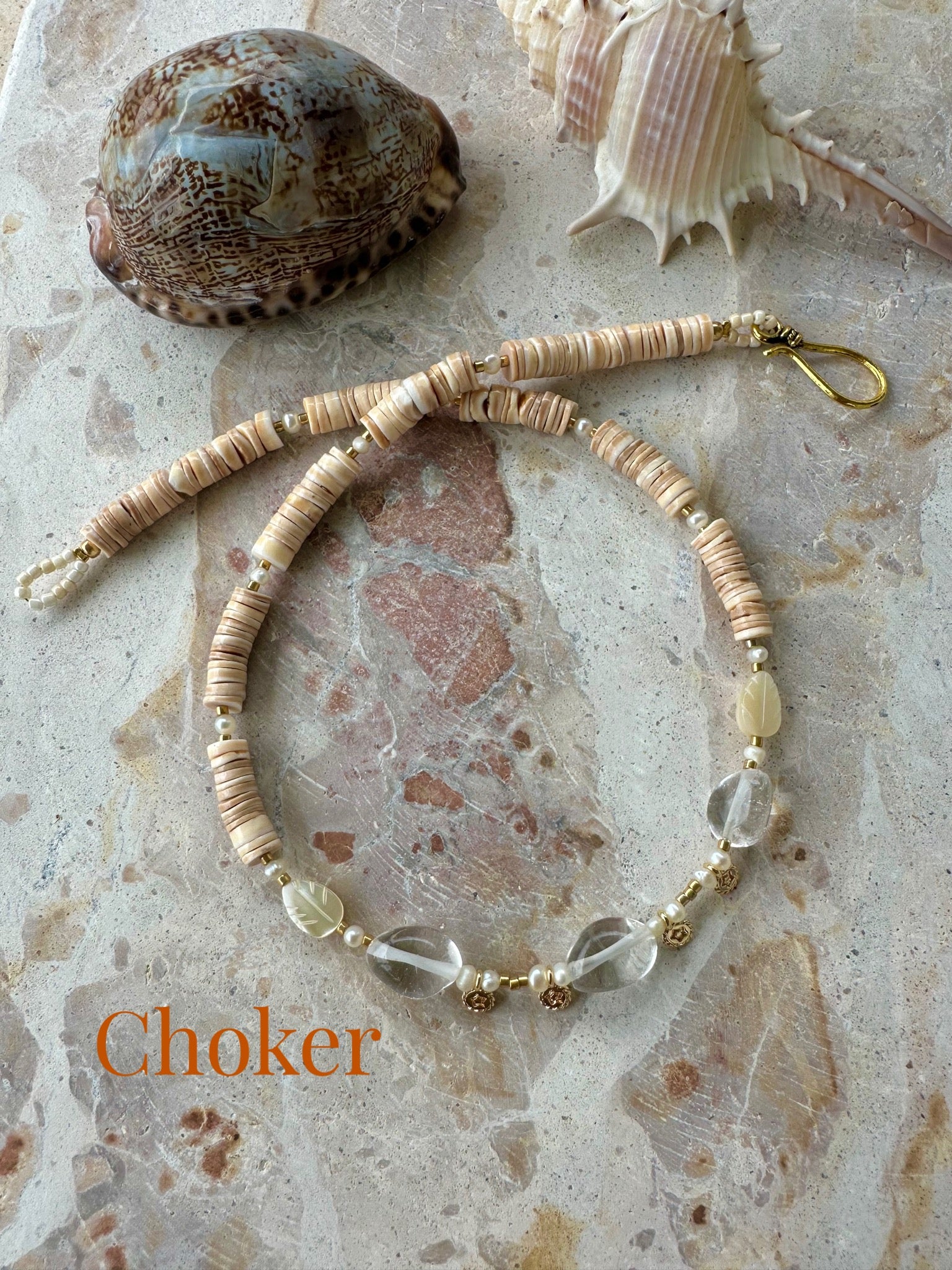 Quartz Crystal Shell Beaded Choker Necklace