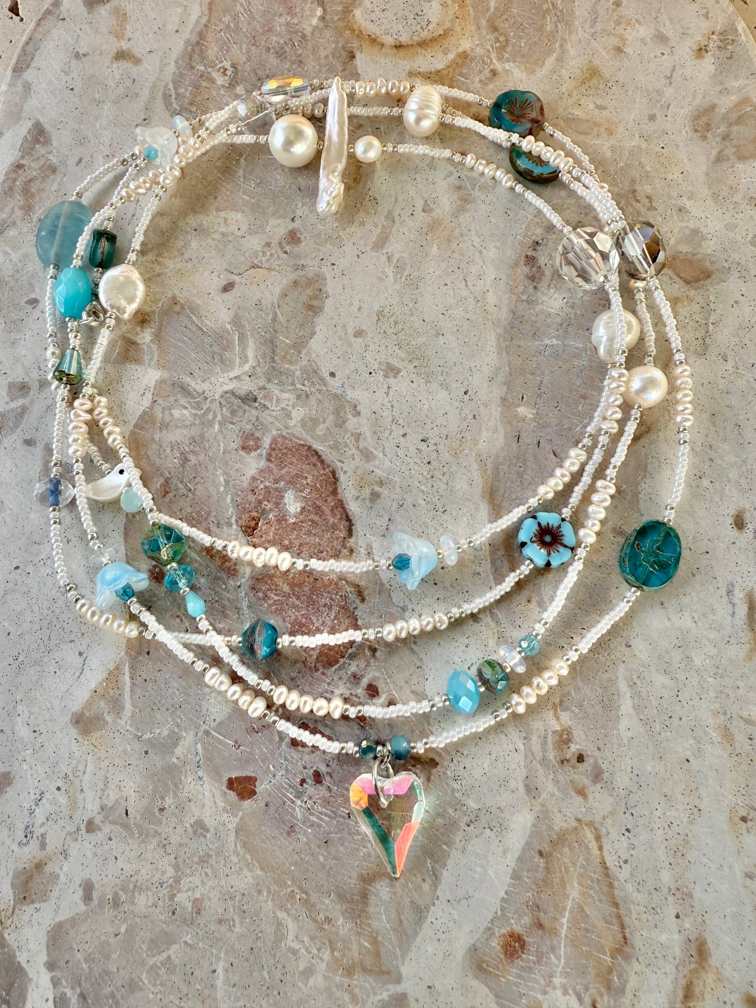 Blue Crystal Pearl Beaded Necklace