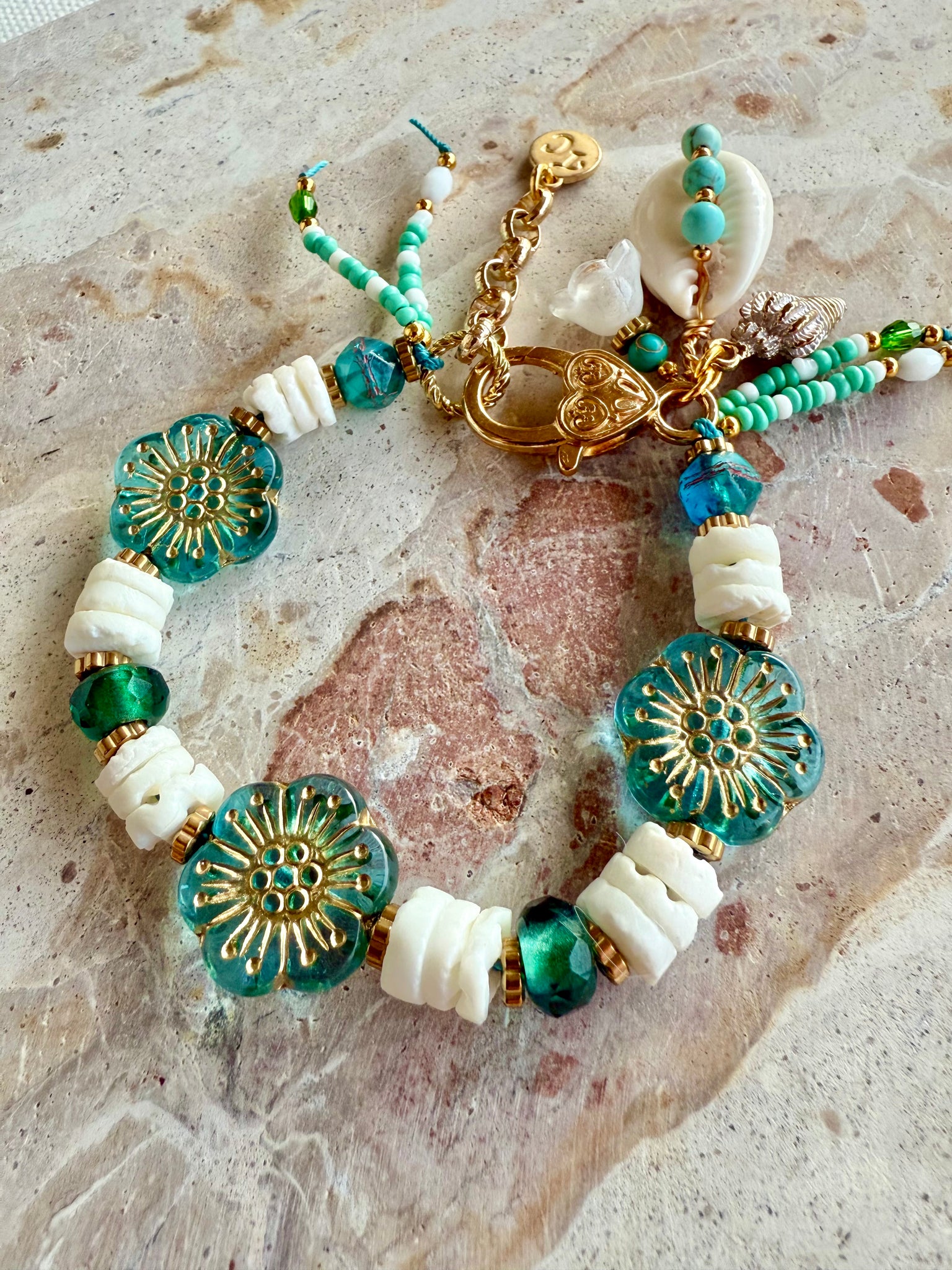 Aqua Shell Flower Bracelet