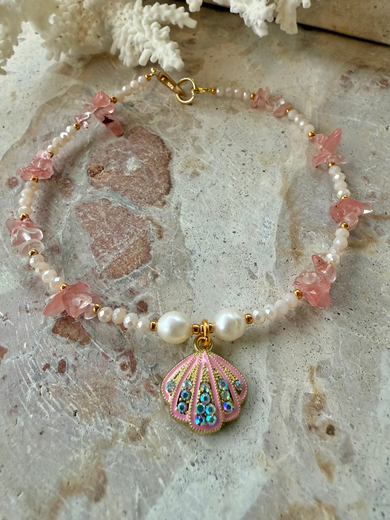 Pink Stone Chip Shell Anklet
