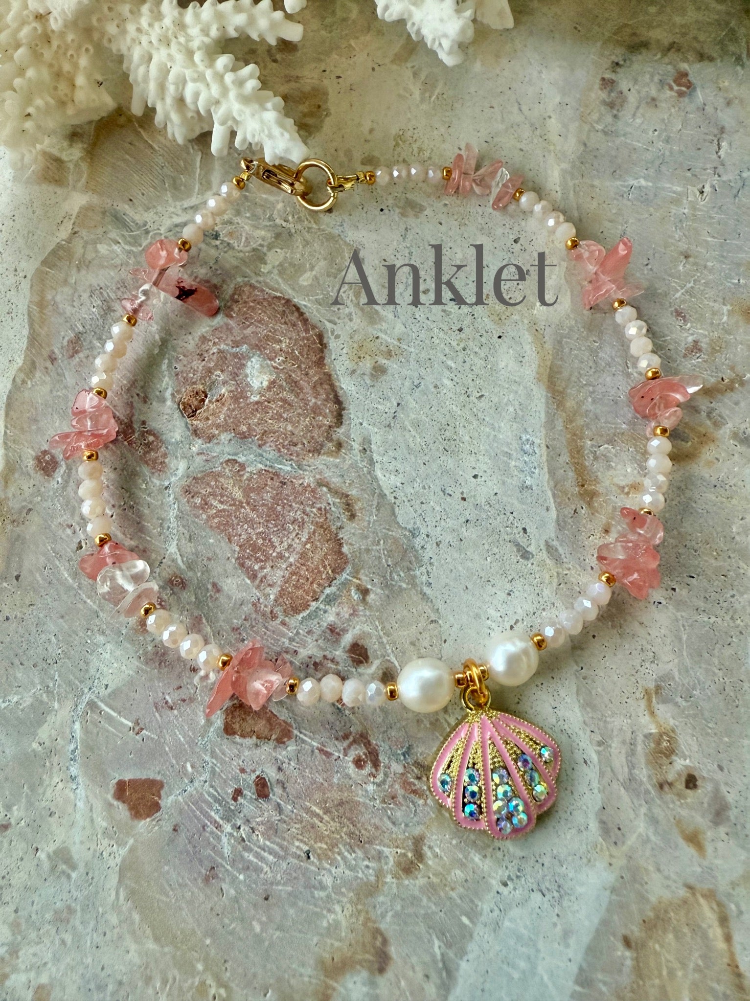 Pink Stone Chip Shell Anklet