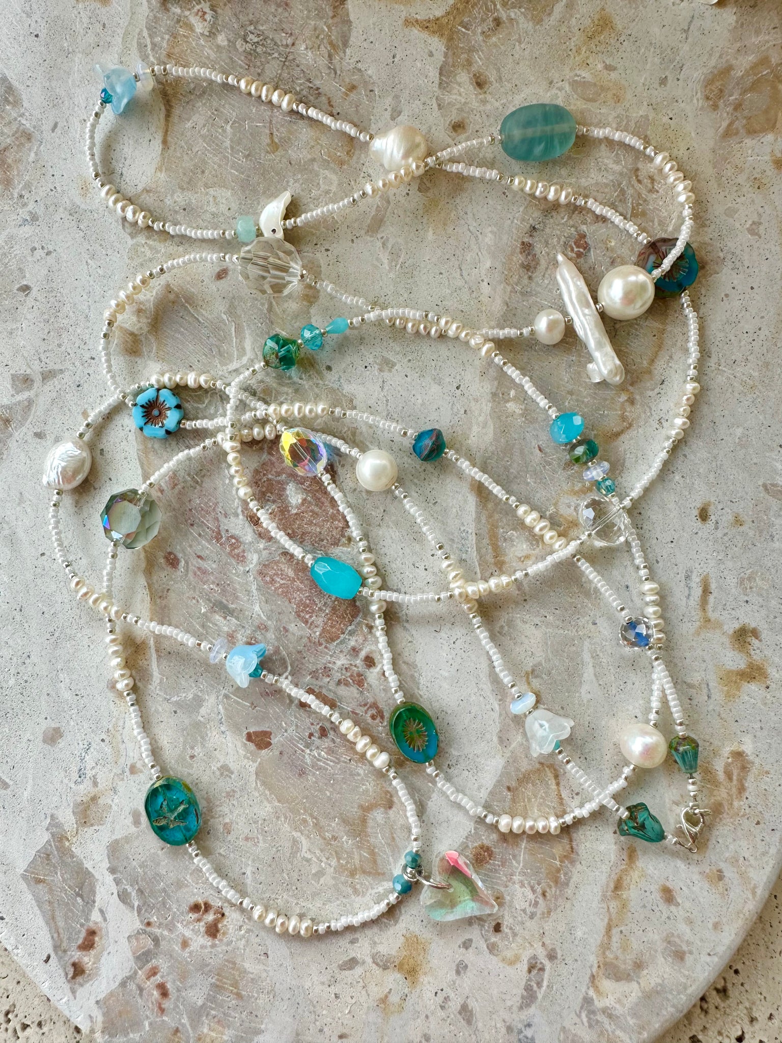 Blue Crystal Pearl Beaded Necklace