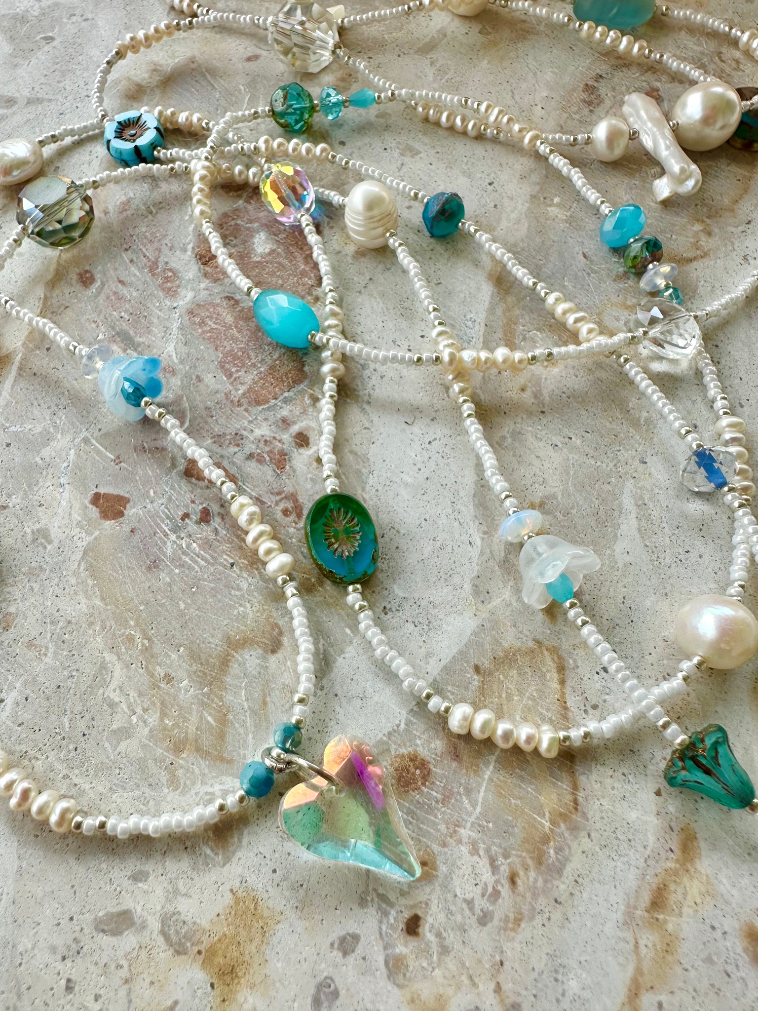 Blue Crystal Pearl Beaded Necklace
