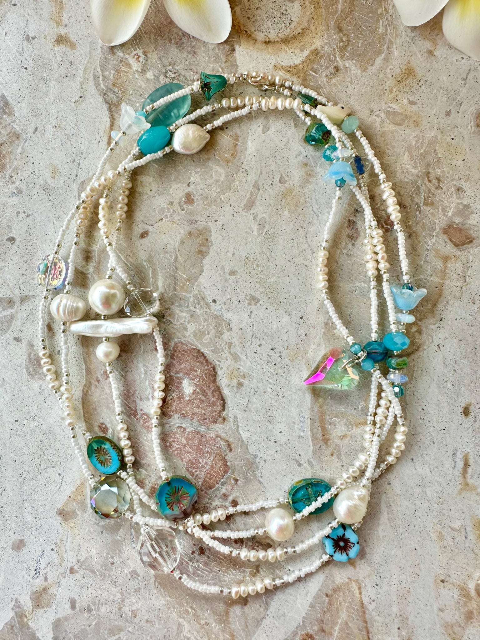 Blue Crystal Pearl Beaded Necklace
