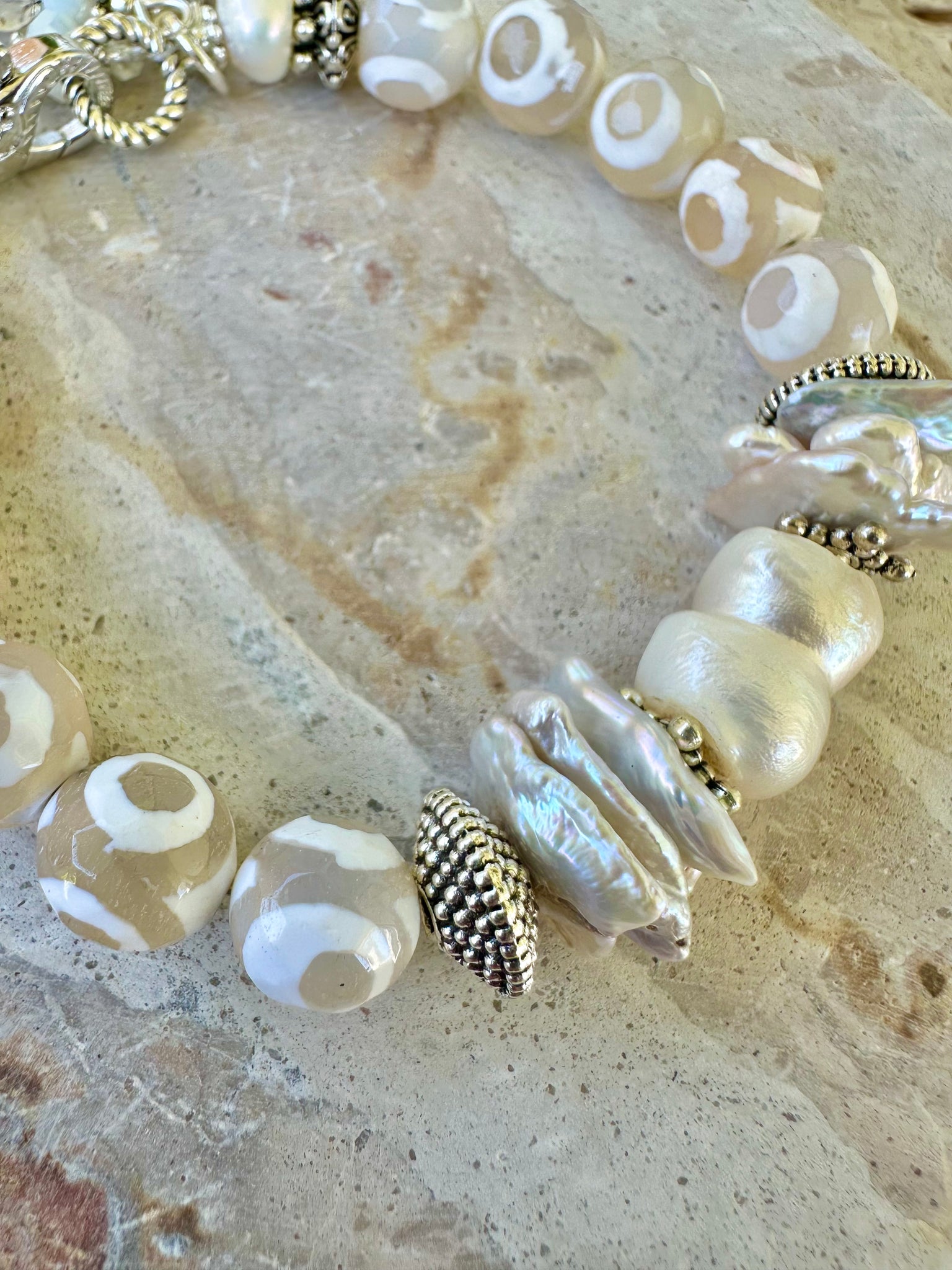 Silver White Stone Pearl Bracelet