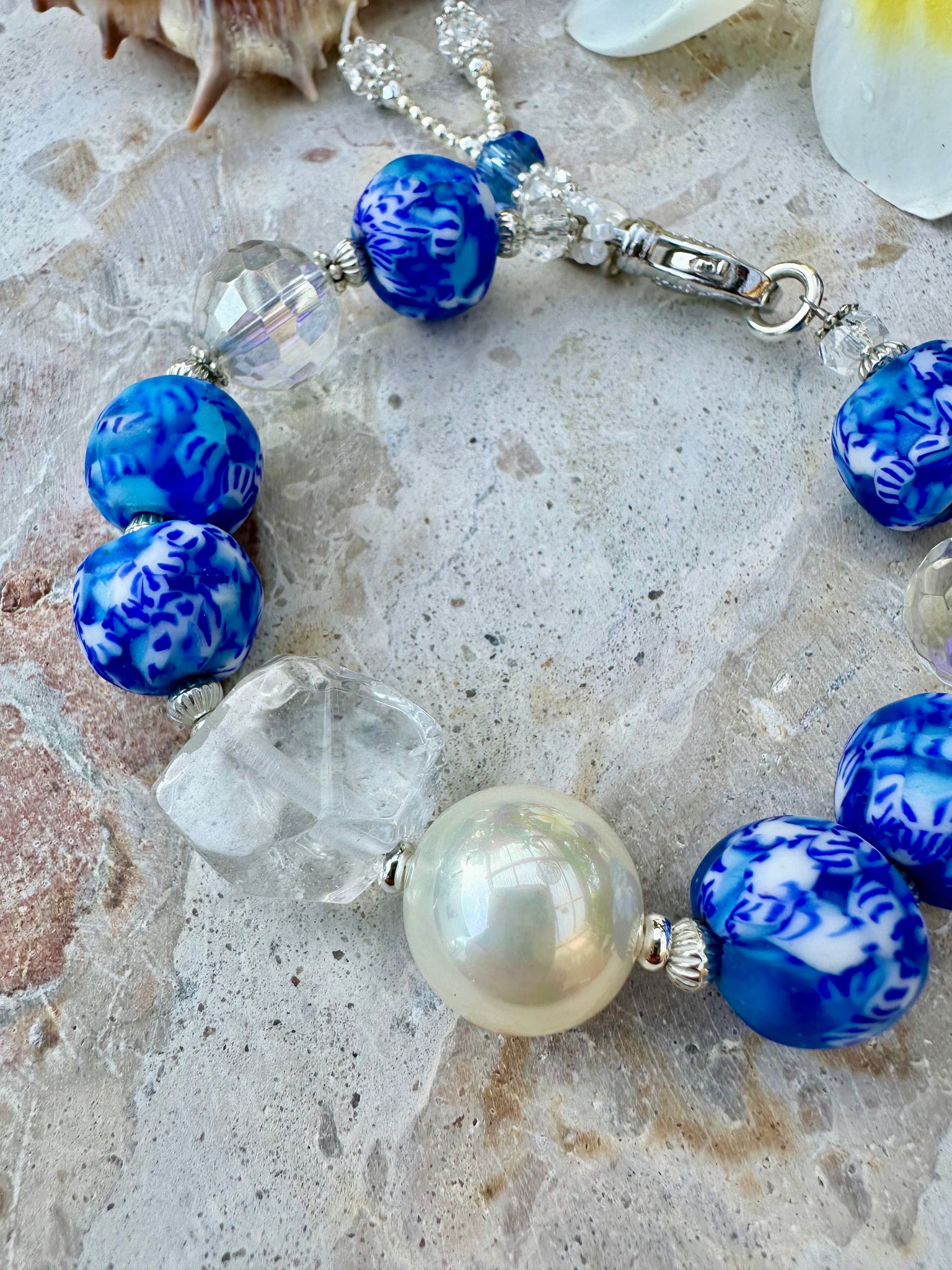 Coastal Blue Quartz Crystal Trade Bead Bracelet