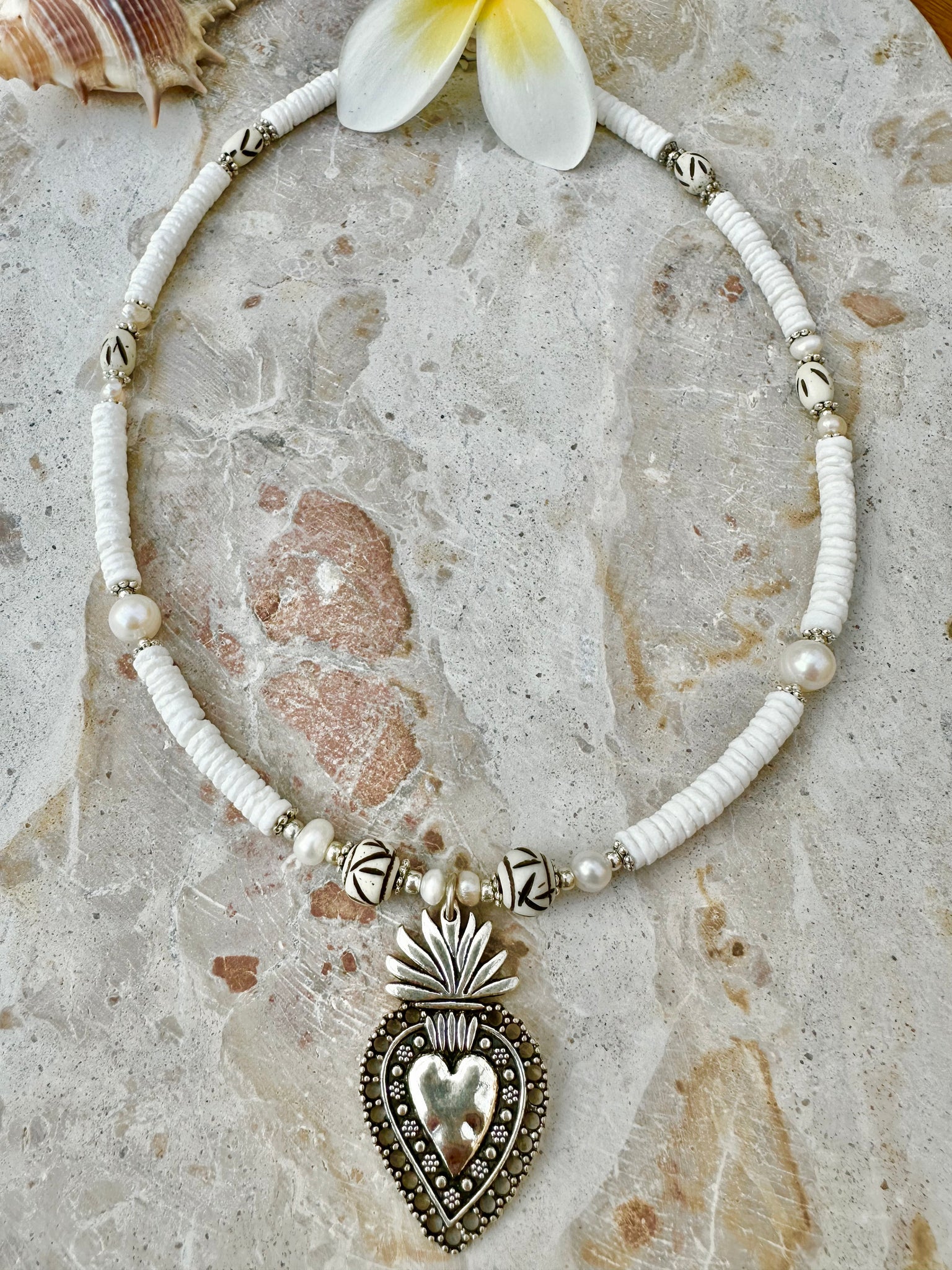 Boho Silver Heart Shell Necklace