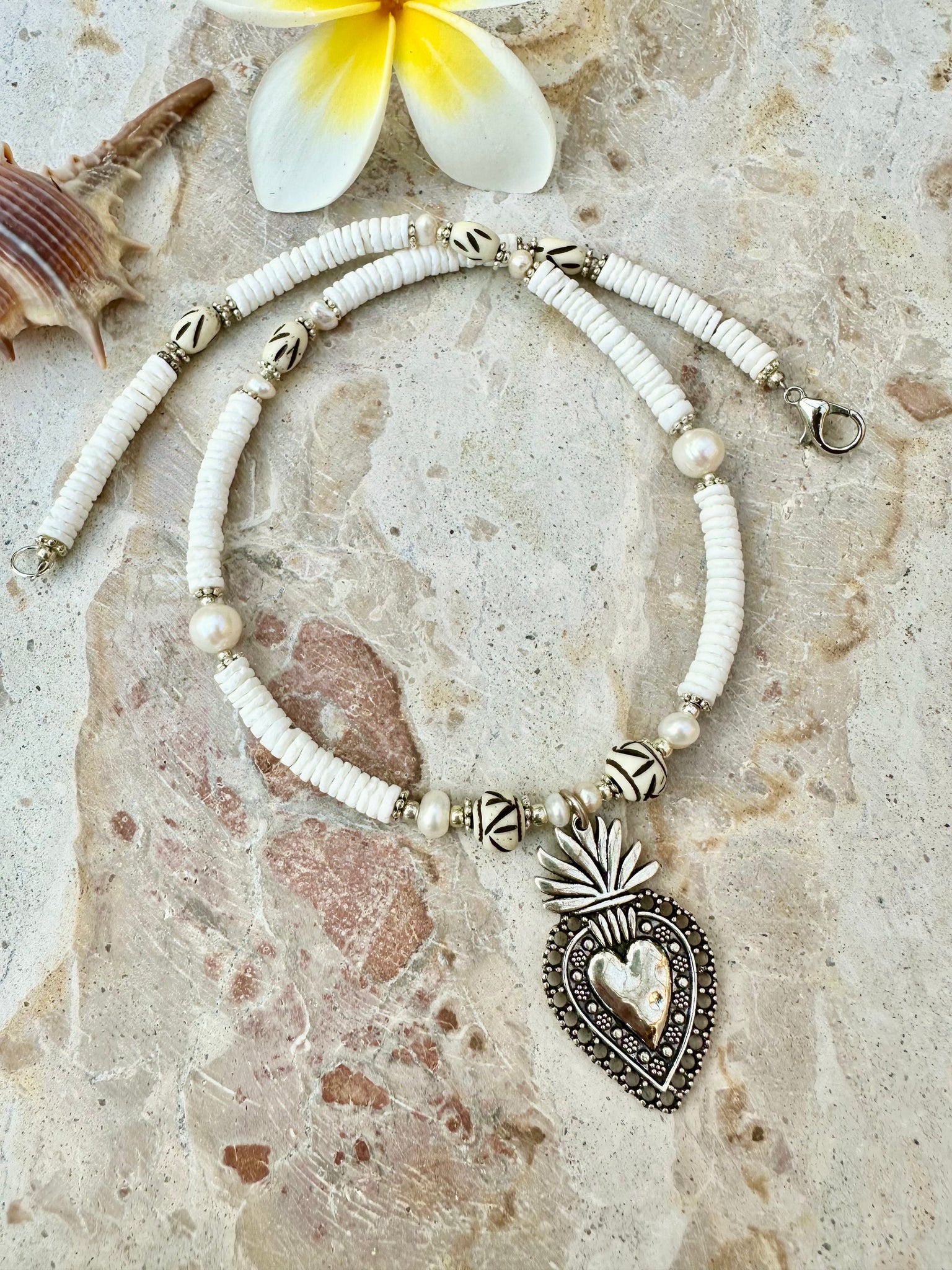 Boho Silver Heart Shell Necklace