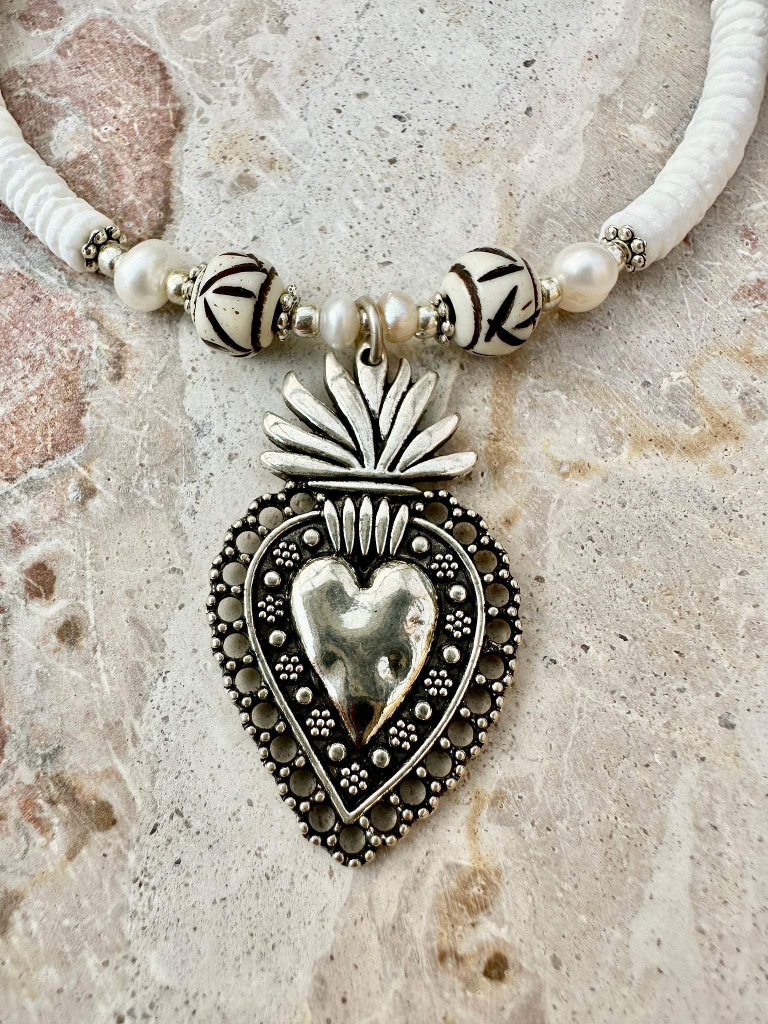 Boho Silver Heart Shell Necklace