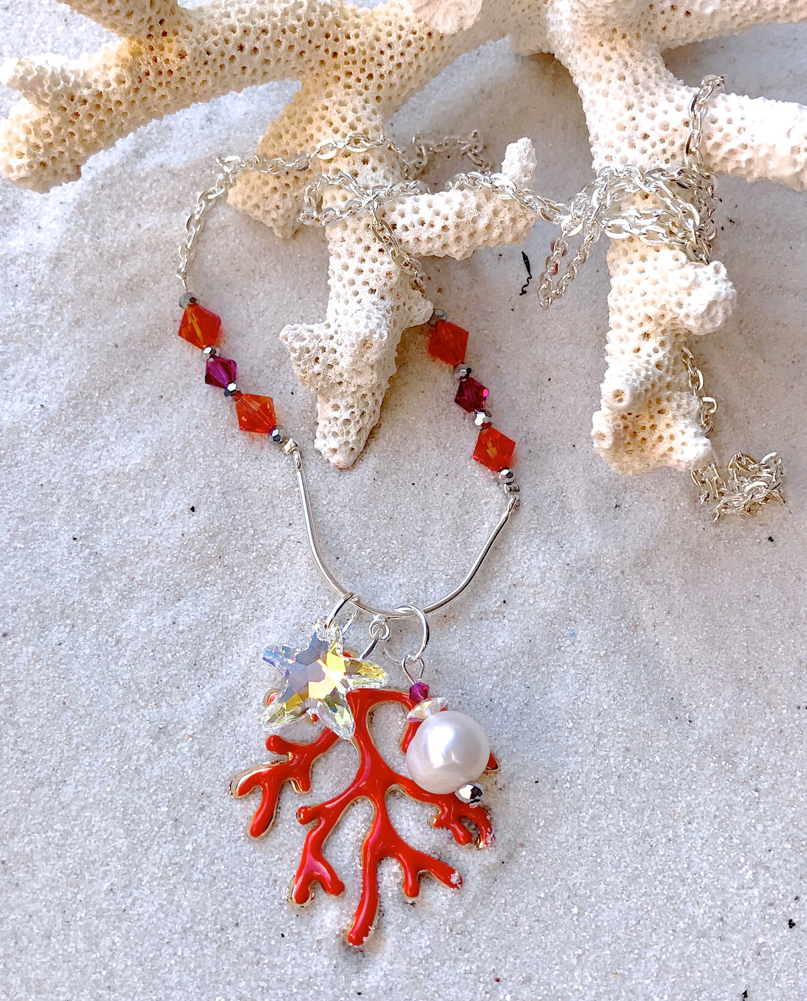 Red Coral Swarovski Crystal Sterling Silver Long Necklace