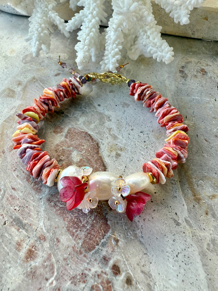 Pink Flower Shell Pearl Bracelet