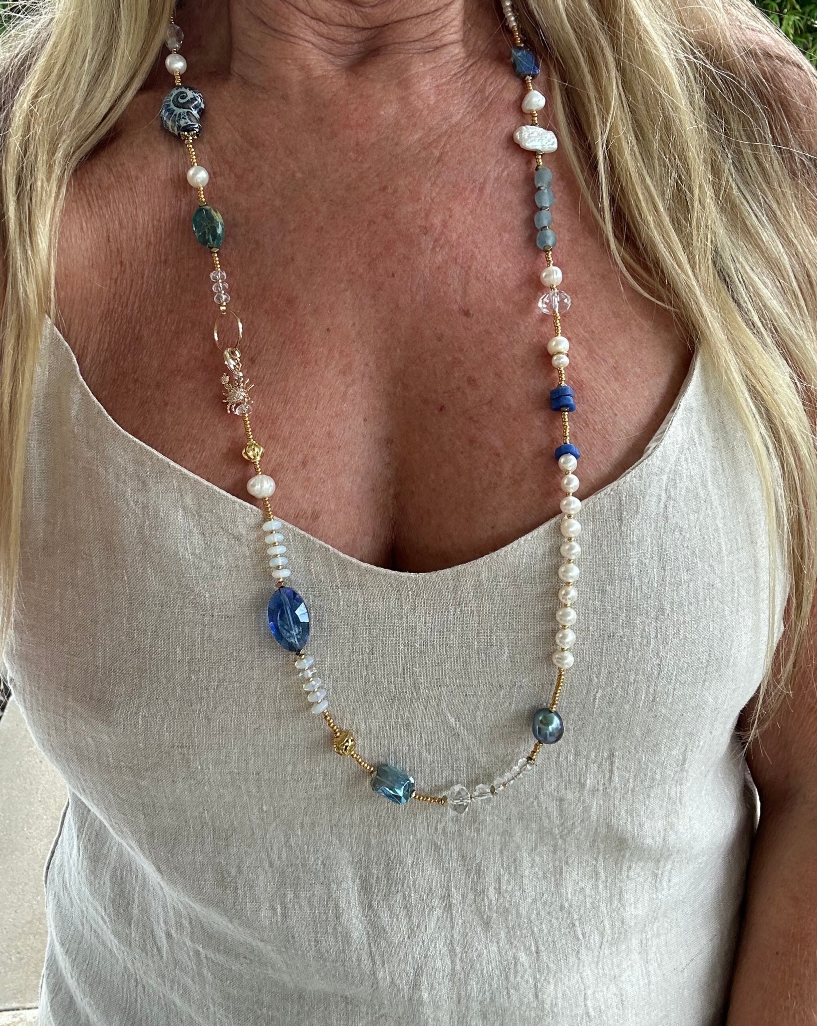 Crystal Beaded Pearl Long Necklace