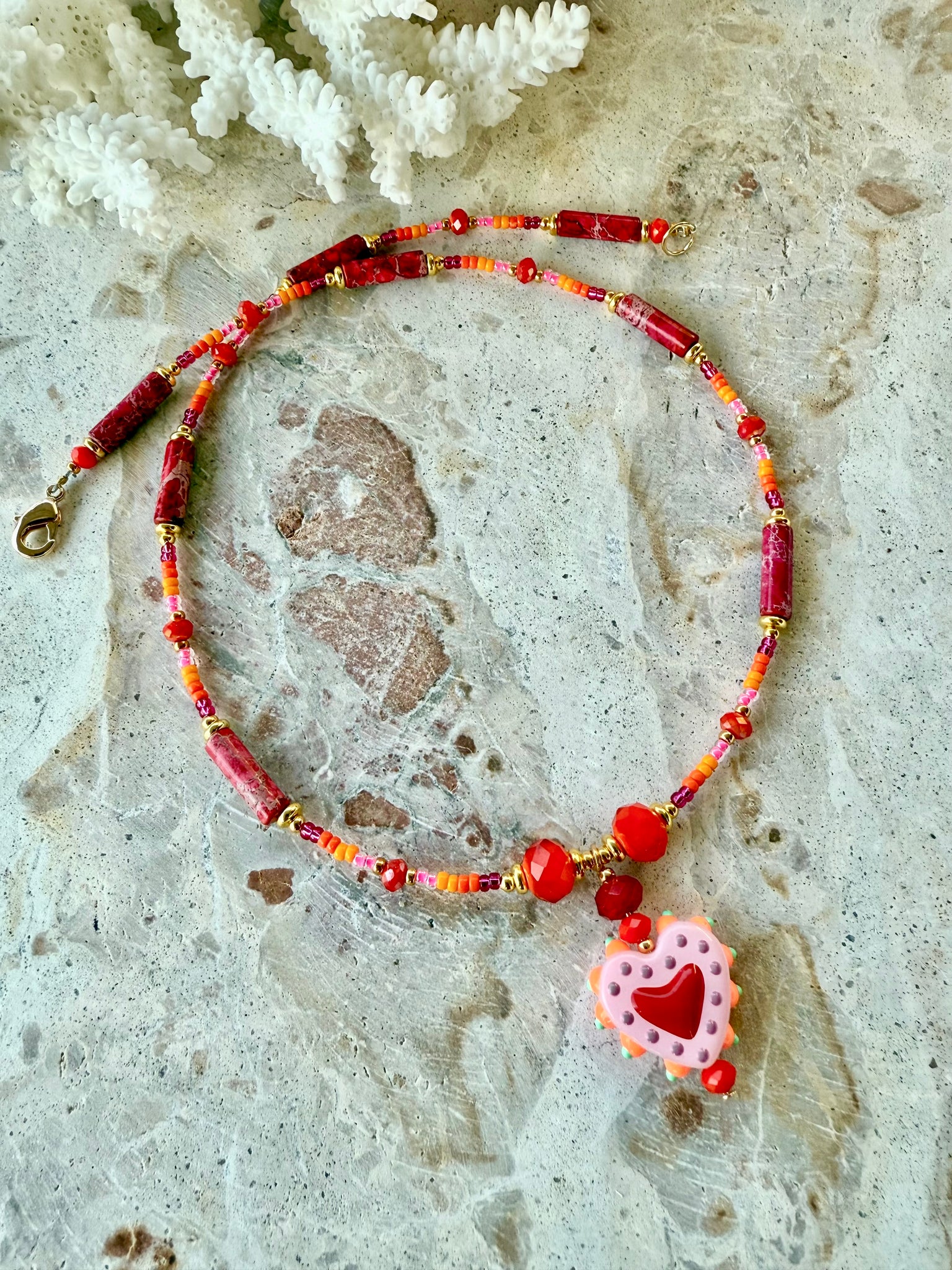 Sun-Kissed Heart Seed Bead Necklace