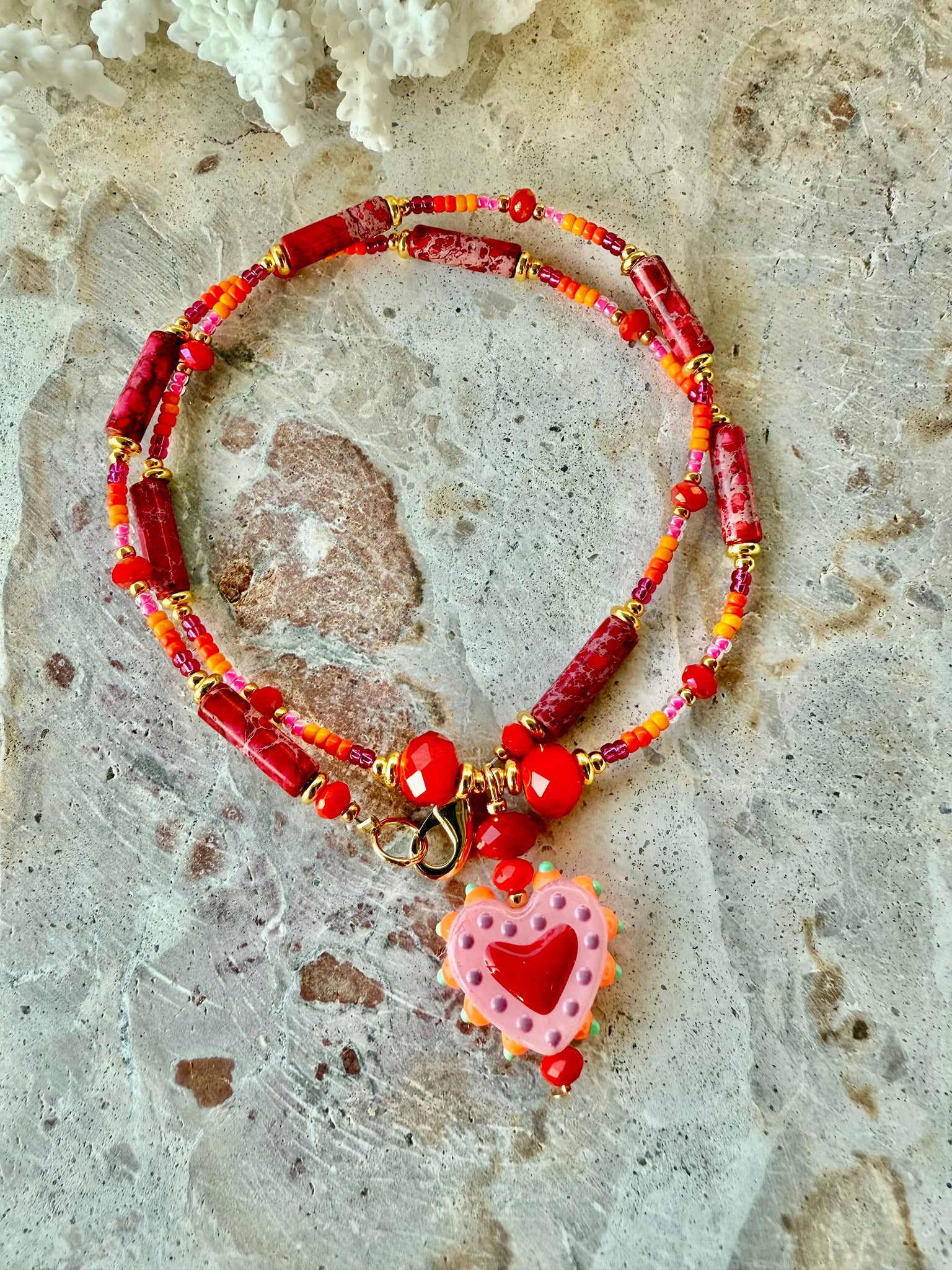 Sun-Kissed Heart Seed Bead Necklace