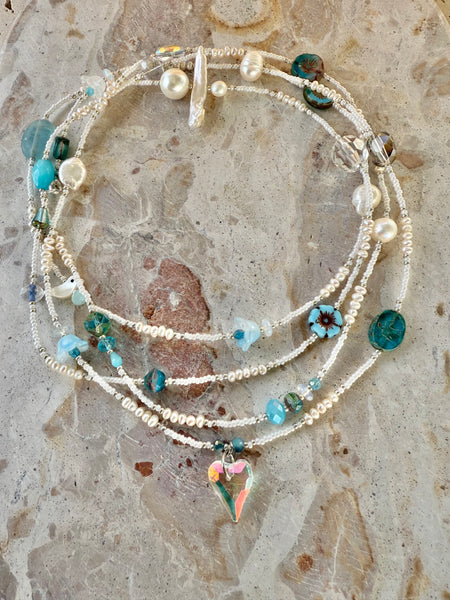 Blue Crystal Pearl Beaded  Necklace