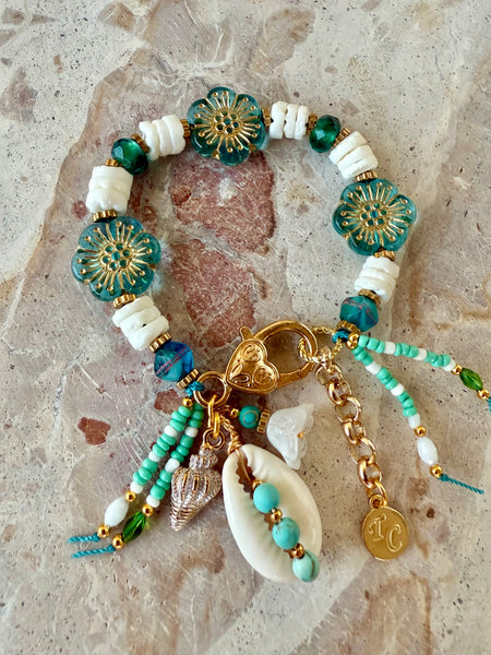 Aqua Shell Flower Bracelet