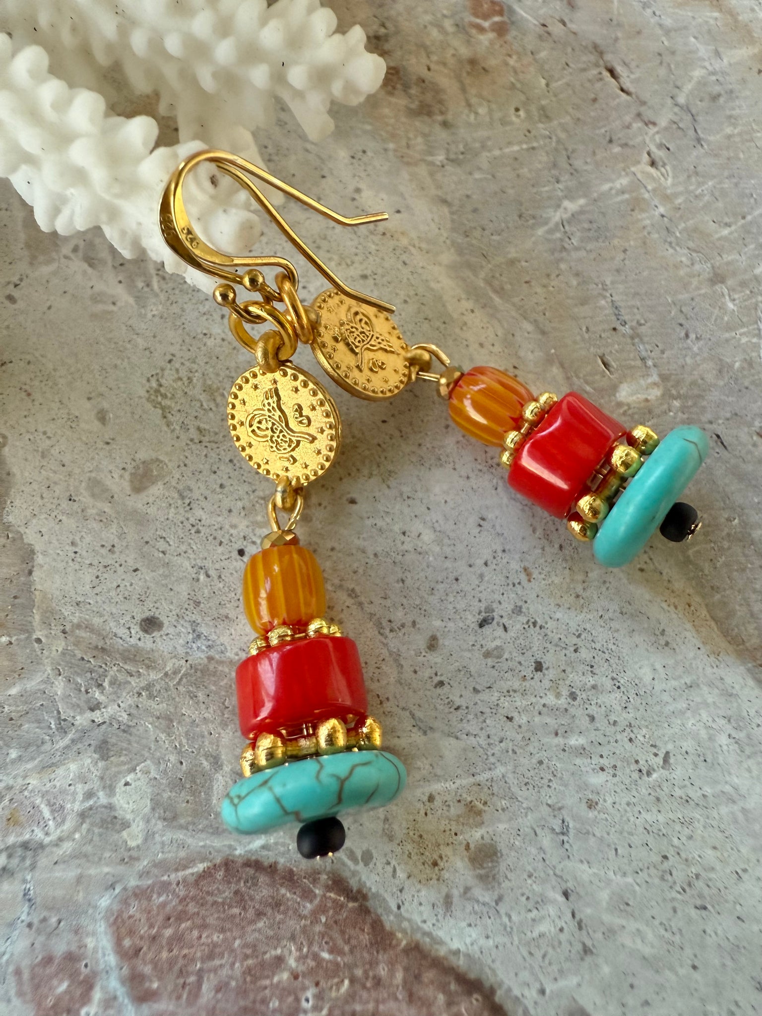 Gold Coin Red Shell Earrings