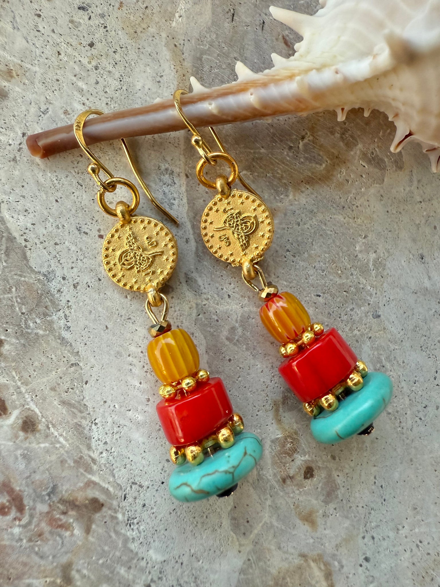 Gold Coin Red Shell Earrings