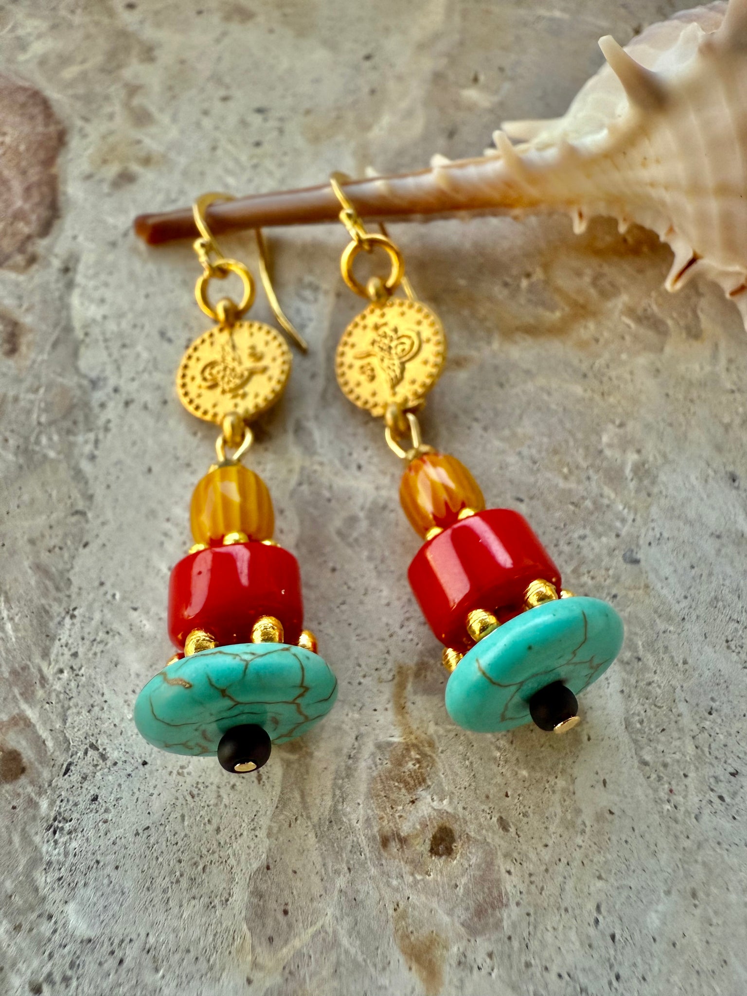 Gold Coin Red Shell Earrings