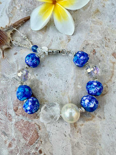 Coastal Blue Quartz Crystal Trade Bead Bracelet